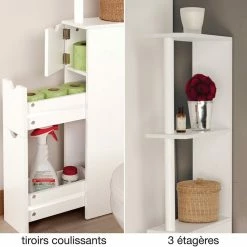 Coupon ❤️ IDMARKET Meuble WC étagère WILLY bois 3 portes blanc gain de place pour toilettes ⌛ -Métal Soldes 3662897000746 5