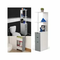 De gros 🎉 IDMARKET Meuble WC étagère WILLY bois 3 portes blanc et gris gain de place pour toilettes 🛒 -Métal Soldes 3662897004171 5