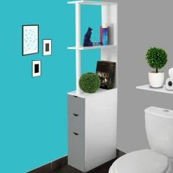 De gros 🎉 IDMARKET Meuble WC étagère WILLY bois 3 portes blanc et gris gain de place pour toilettes 🛒 -Métal Soldes 3662897004171 6