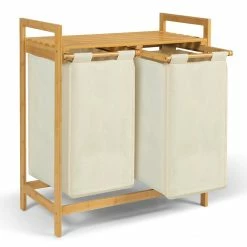 Bon marché 🥰 IDMARKET Bac à linge double bambou ALI tissu écru 🔥 -Métal Soldes 3662897039883 3