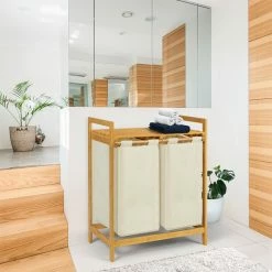 Bon marché 🥰 IDMARKET Bac à linge double bambou ALI tissu écru 🔥 -Métal Soldes 3662897039883 5