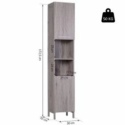 Coupon 💯 Homcom Meuble colonne rangement salle de bain dim. 30L x 32l x 172H cm 2 placards avec étagère + 2 niches MDF imitation bois gris 😍 -Métal Soldes 3662970063996 3