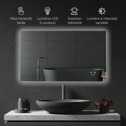Vente flash 👍 Kleankin Miroir salle de bain lumineux LED 42 W - dim. 90L x 3l x 60H cm - fonction anti-buée, interrupteur tactile, luminosité réglable - alu. verre 🎉 -Métal Soldes 3662970113264 5