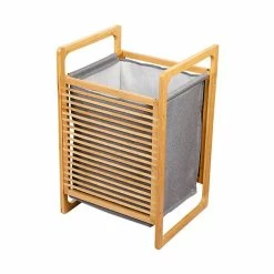 Meilleure affaire 🔥 Panier à linge en bambou naturel et tissu gris 43l marty - bat-aj2g-115 - kitchen move 🔥