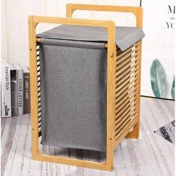 Meilleure affaire 🔥 Panier à linge en bambou naturel et tissu gris 43l marty - bat-aj2g-115 - kitchen move 🔥 -Métal Soldes 3666162002749 5