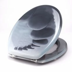 Nouveau 🧨 MSV Abattant WC MDF CHEMIN DE GALETS Gris - Charnières Inox 🎉 -Métal Soldes 3700703945482 3