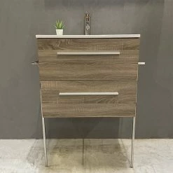 Remise ✔️ ByCA Meuble à suspendre 65 cm Chêne grisé avec plan vasque en céramique - 2 tiroirs - Beop ✨ -Métal Soldes 3701034607643 2