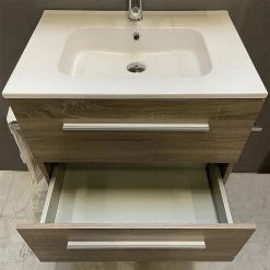 Remise ✔️ ByCA Meuble à suspendre 65 cm Chêne grisé avec plan vasque en céramique - 2 tiroirs - Beop ✨ -Métal Soldes 3701034607643 3