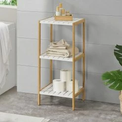 Vente flash 🎁 Étagère de rangement Balsfjord Bambou 33 x 34 x 80 cm Naturel Blanc [en.casa] ⌛ -Métal Soldes 4059438584954 2