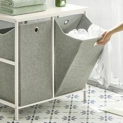 Le moins cher ❤️ SoBuy BZR57-W Panier à Linge sur Pied Salle de Bain avec Étagère, 2 Compartiments et 2 Sacs à Linge Amovibles, 77x38x80cm 👍 -Métal Soldes 4251388618608 4