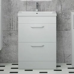 Budget ✨ AICA Sanitaire meuble de salle de bain couleur blanc avec deux tiroirs , lavabo en céramique 👏 -Métal Soldes 4764075263901 3