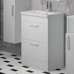 Budget ✨ AICA Sanitaire meuble de salle de bain couleur blanc avec deux tiroirs , lavabo en céramique 👏 -Métal Soldes 4764075263901 7