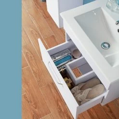 Meilleur prix ✔️ AICA Sanitaire meuble de salle de bain suspendu blanc avec un tiroir, lavabo leger en céramique ✔️ -Métal Soldes 4764075263956 3