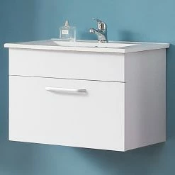 Meilleur prix ✔️ AICA Sanitaire meuble de salle de bain suspendu blanc avec un tiroir, lavabo leger en céramique ✔️ -Métal Soldes 4764075263956 7