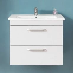 Grosses soldes 🥰 AICA Sanitaire meuble de salle de bain suspendu blanc avec deux tiroirs, lavabo leger en céramique 👍 -Métal Soldes 4764075263994 3