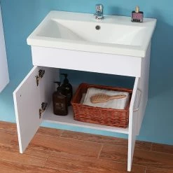 Grosses soldes ❤️ AICA Sanitaire meuble de salle de bain avec deux portes couleur blanc, lavabo en céramique 🧨 -Métal Soldes 4764075264021 5