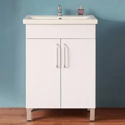 Meilleur prix 😀 AICA Sanitaire meuble avec 2 portes couleur blanc, meuble avec pied, lavabo en céramique 😀 -Métal Soldes 4764075264069 4