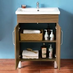 Offres ✨ AICA Sanitaire meuble avec 2 portes couleur noyer, meuble avec pied, lavabo en céramique ⭐ -Métal Soldes 4764075264083 3
