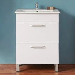 De gros 👍 AICA Sanitaire meuble sous vasque deux tiroirs blanc avec pied, lavabo leger en céramique 😍 -Métal Soldes 4764075264113 3