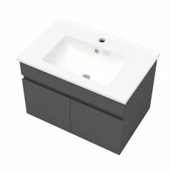 Promo 🔔 AICA Sanitaire meuble de salle de bain + 2 vasques en céramique 4 tiroirs, mobilier couleur chêne 🤩 -Métal Soldes 4764075264427 4