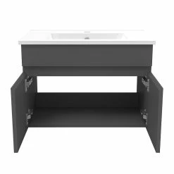 Promo 🔔 AICA Sanitaire meuble de salle de bain + 2 vasques en céramique 4 tiroirs, mobilier couleur chêne 🤩 -Métal Soldes 4764075264427 5