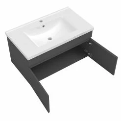 Promo 🔔 AICA Sanitaire meuble de salle de bain + 2 vasques en céramique 4 tiroirs, mobilier couleur chêne 🤩 -Métal Soldes 4764075264458 2