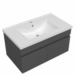 Promo 🔔 AICA Sanitaire meuble de salle de bain + 2 vasques en céramique 4 tiroirs, mobilier couleur chêne 🤩 -Métal Soldes 4764075264458 5