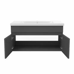 Promo 🔔 AICA Sanitaire meuble de salle de bain + 2 vasques en céramique 4 tiroirs, mobilier couleur chêne 🤩 -Métal Soldes 4764075264458 6