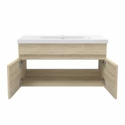 Budget 👏 AICA Sanitaire meuble vasque suspendu avec deux portes, vasque en céramique , meuble couleur chêne. 👏 -Métal Soldes 4764075264465 3