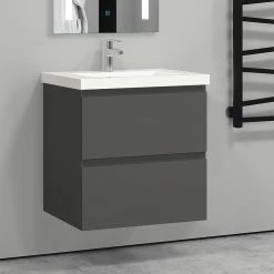 Remise 🎉 AICA Sanitaire meuble de rangement couleur anthracite avec 2 tiroirs et un vasque en céramique 🌟 -Métal Soldes 4764075264540 5