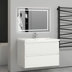 Vente flash ⭐ AICA Sanitaire meuble de salle de bain, meuble blanc mat avec 2 tiroirs & plan vasque en céramique. 🥰 -Métal Soldes 4764075264595 3
