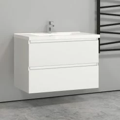 Vente flash ⭐ AICA Sanitaire meuble de salle de bain, meuble blanc mat avec 2 tiroirs & plan vasque en céramique. 🥰 -Métal Soldes 4764075264595 5