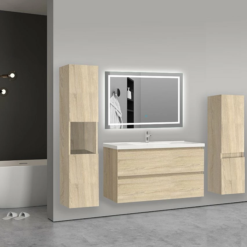 Meilleure affaire 🥰 AICA Sanitaire meuble de salle de bain couleur chêne,meuble deux tirois et un plan vasque céramique 100cm 🧨 2 Meilleure affaire 🥰 AICA Sanitaire meuble de salle de bain couleur chêne,meuble deux tirois et un plan vasque céramique 100cm 🧨 – Image 2