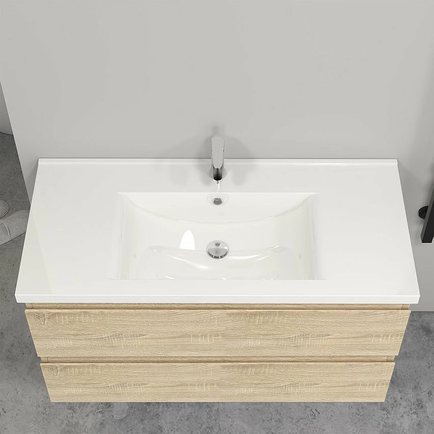 Meilleure affaire 🥰 AICA Sanitaire meuble de salle de bain couleur chêne,meuble deux tirois et un plan vasque céramique 100cm 🧨 3 Meilleure affaire 🥰 AICA Sanitaire meuble de salle de bain couleur chêne,meuble deux tirois et un plan vasque céramique 100cm 🧨 – Image 3