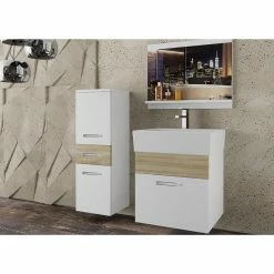 Coupon 🎉 Hucoco NOMI - Ensemble de salle de bain - 4 pcs - Meubles à suspendre - Vasque en porcelaine - Beige 😀
