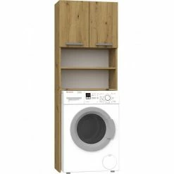Tout neuf 🥰 Hucoco COMO - Meuble pour machine à laver - 64x183x30cm - Rangement espace buanderie lave linge salle de bains - Style moderne - Chêne 🔔