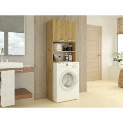 Tout neuf 🥰 Hucoco COMO - Meuble pour machine à laver - 64x183x30cm - Rangement espace buanderie lave linge salle de bains - Style moderne - Chêne 🔔 -Métal Soldes 7625827652459 3