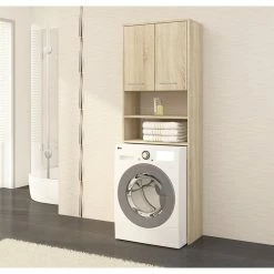 Meilleure vente 🎉 Hucoco LENA - Meuble pour machine à laver 180x64x30 cm - Rangement buanderie lave linge salle de bain avec placard/étagères - Sonoma 😀 -Métal Soldes 7625828148777 2