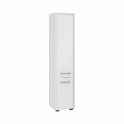 Vente flash ⌛ Hucoco FRANK - Armoire Colonne de salle de bain contemporaine 140x30x30 cm - Meuble de rangement design moderne - 2 portes + 5 niches - Blanc 🌟