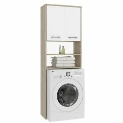 Remise 😀 Hucoco LENA - Meuble pour machine à laver 180x64x30 cm - Rangement buanderie lave linge salle de bain avec étagères - Sonoma/Blanc 🔥