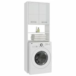 Meilleur prix 💯 Hucoco LENA - Meuble pour machine à laver 180x64x30cm - Espace de rangement buanderie/lave linge/salle de bain avec placard/étagères - Blanc laqué ❤️