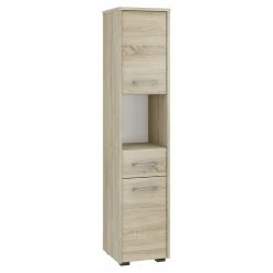 De gros ⌛ Hucoco AMIRA - Armoire Colonne de salle de bain 140x30x30cm - Rangement salle de bain - 2 portes + 1 tiroir - Sonoma ⌛
