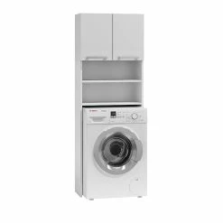 Coupon 🛒 Hucoco COMO - Meuble pour machine à laver - 64x183x30cm - Rangement espace buanderie lave linge salle de bains - Style moderne - blanc ❤️
