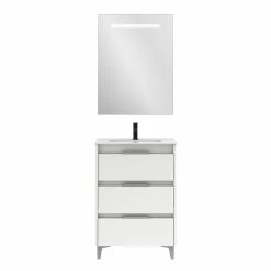 Vente flash 🛒 Amizuva Ensemble de meuble, vasque et miroir SUKI avec tris tiroirs H.74 x L.60 x P.46 , effet blanc brillant 👏