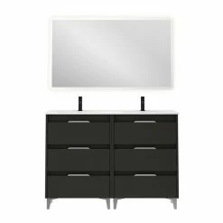 Promo 🔔 Amizuva Ensemble de meuble, vasque et miroir SUKI avec six tiroirs H.74 x L.120 x P.46 , effet Anthracite brillant 🛒