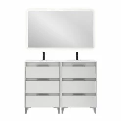 Nouveau 🥰 Amizuva Ensemble de meuble, vasque et miroir SUKI avec six tiroirs H.74 x L.120 x P.46 , effet blanc brillant 🧨