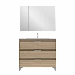 De gros 😀 Amizuva Ensemble de meuble, vasque et miroir SUKI avec tris tiroirs H.74 x L.100 x P.46 , effet noyer sablé 🧨