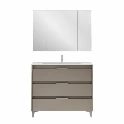 Remise 🌟 Amizuva Ensemble de meuble, vasque et miroir SUKI avec tris tiroirs H.74 x L.100 x P.46 , effet Fumé sablé 💯