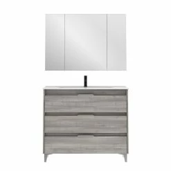 Nouveau ✔️ Amizuva Ensemble de meuble, vasque et miroir SUKI avec tris tiroirs H.74 x L.100 x P.46 , effet Gris sablé 🛒