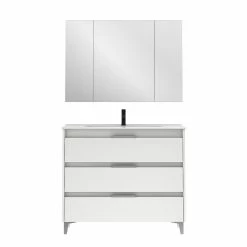 Vente flash 🧨 Amizuva Ensemble de meuble, vasque et miroir SUKI avec tris tiroirs H.74 x L.100 x P.46 , effet blanc brillant 🔥